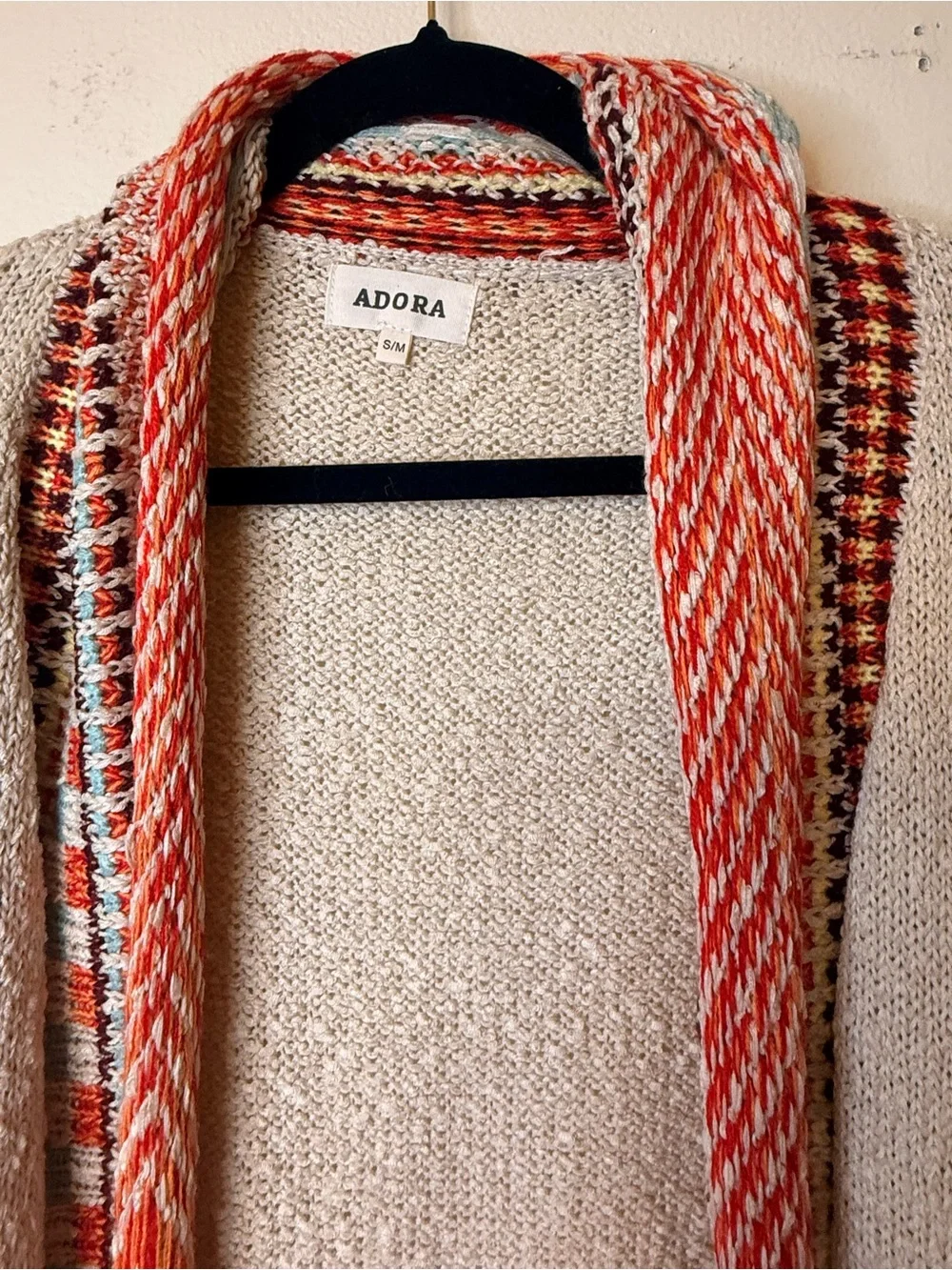 ADORA Cream Sweater Cardigan with Orange Multicolor Trim and Fringe